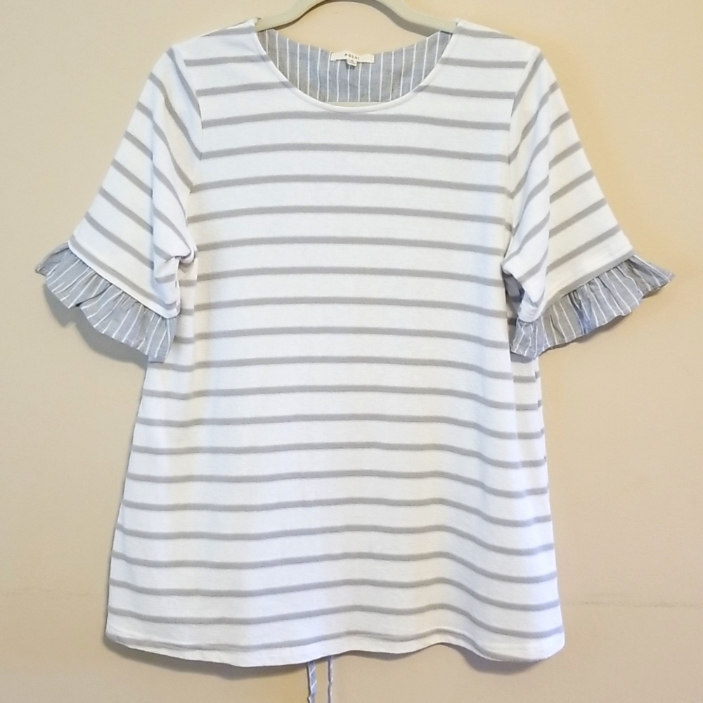 Easel Blue/Grey & White Striped Ruffle Sleeve Top